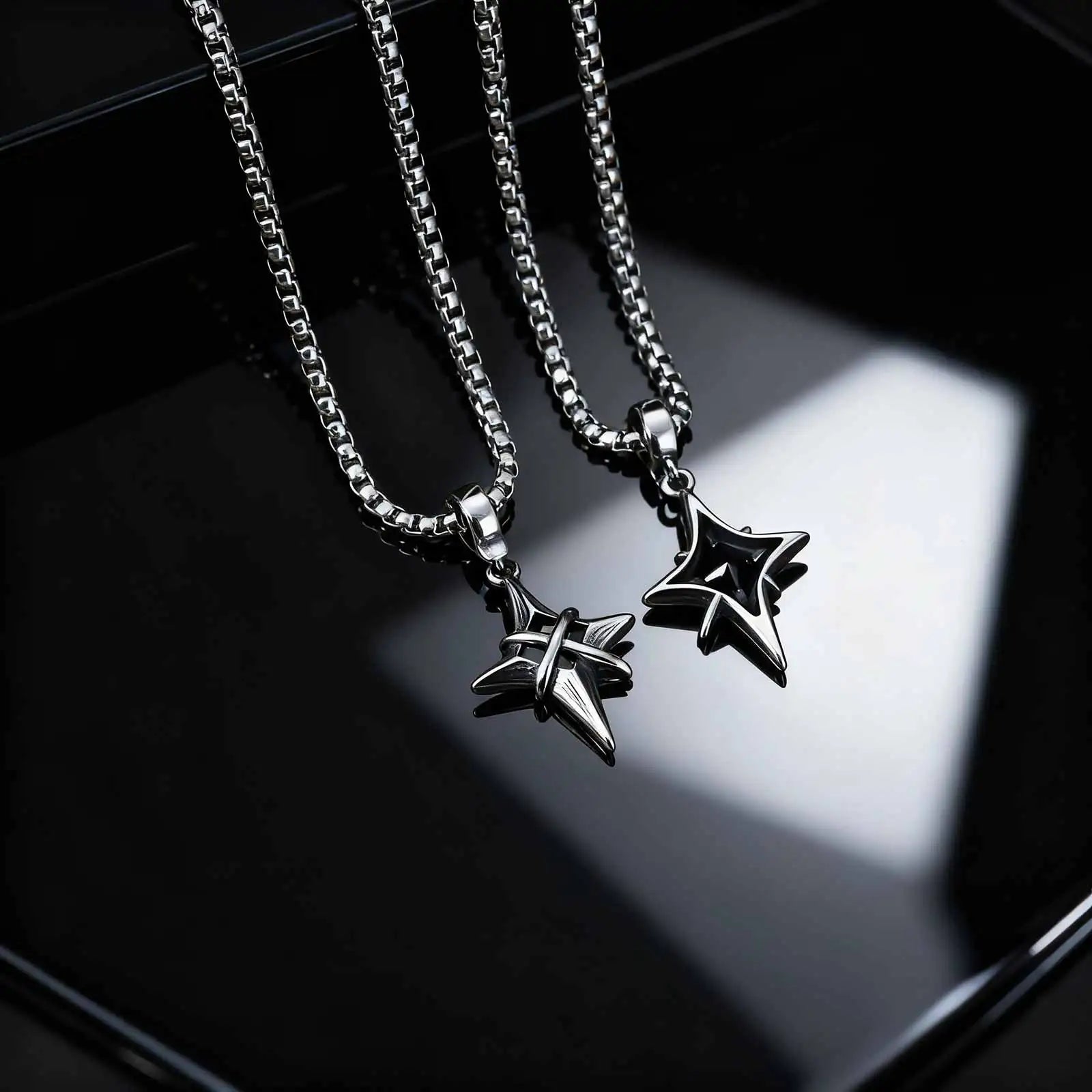 Minimalist Fashion Black Zircon Star Cross Pendant Stainless Steel Necklace for Men, Punk Hip Hop Jewelry Gifts