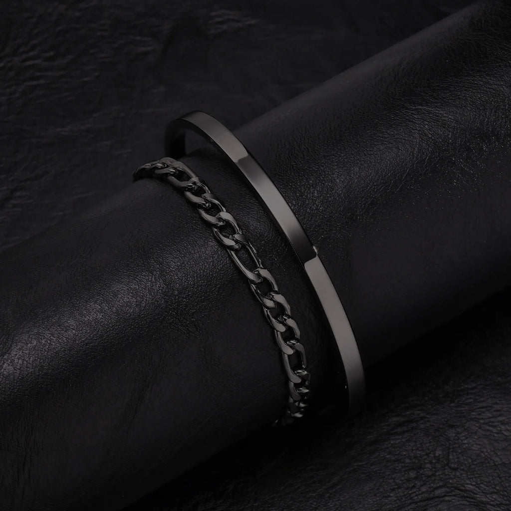 Men's 2pcs Set Simple Fashion Cuban Snake Link Chain Bracelet Stainless Steel Open Cuff Bangle Punk Hip Hop Jewelry Set
