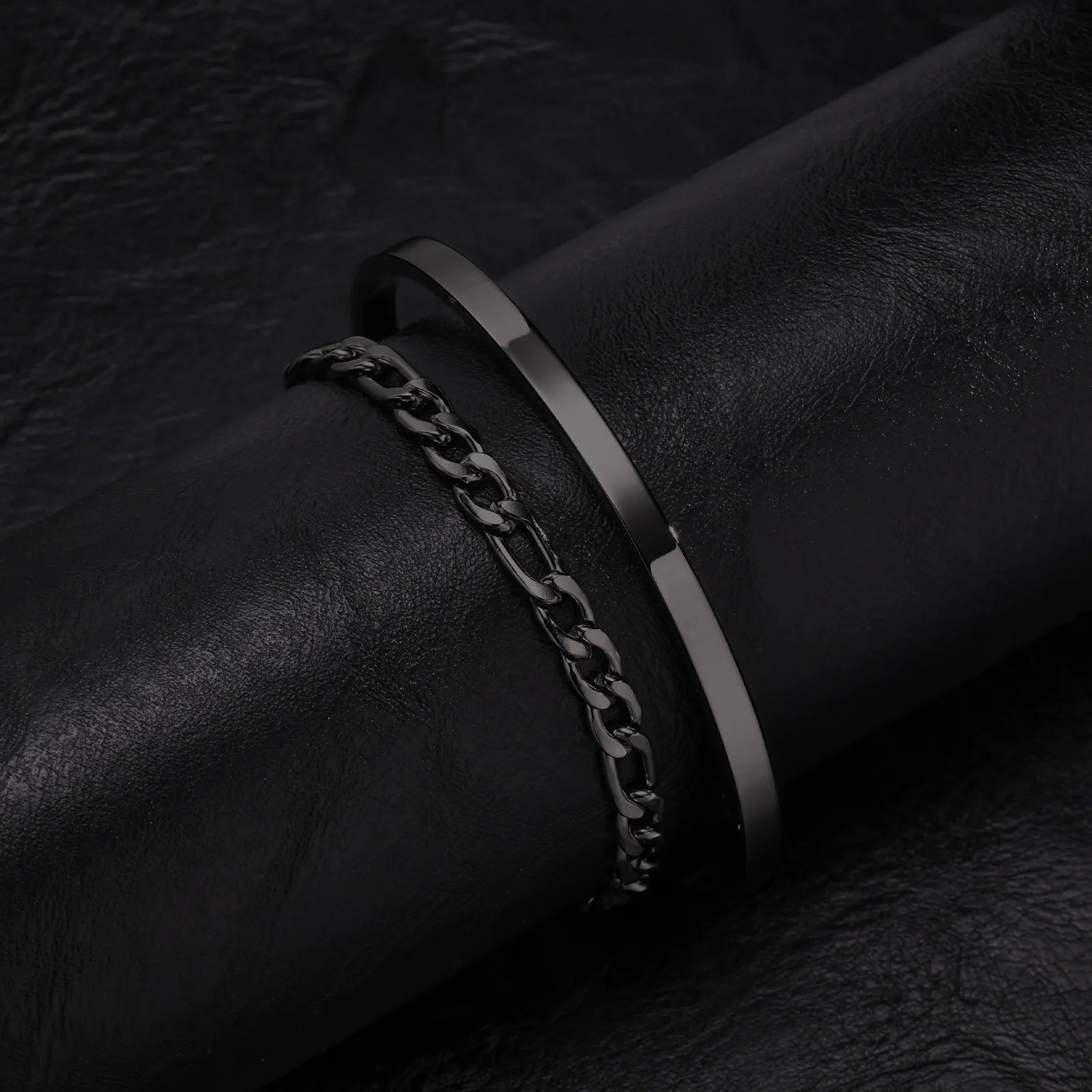 Men's 2pcs Set Simple Fashion Cuban Snake Link Chain Bracelet Stainless Steel Open Cuff Bangle Punk Hip Hop Jewelry Set