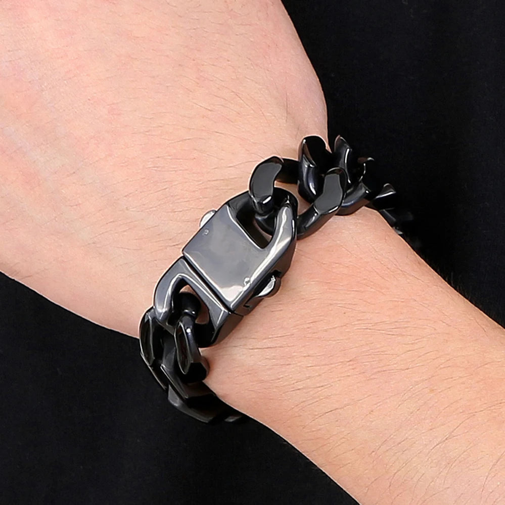 Massive Black Chunky Curb Cuban Chain Bracelet for Man Polished Stainless Steel Durable Jewelry Gifts for Men Trendy