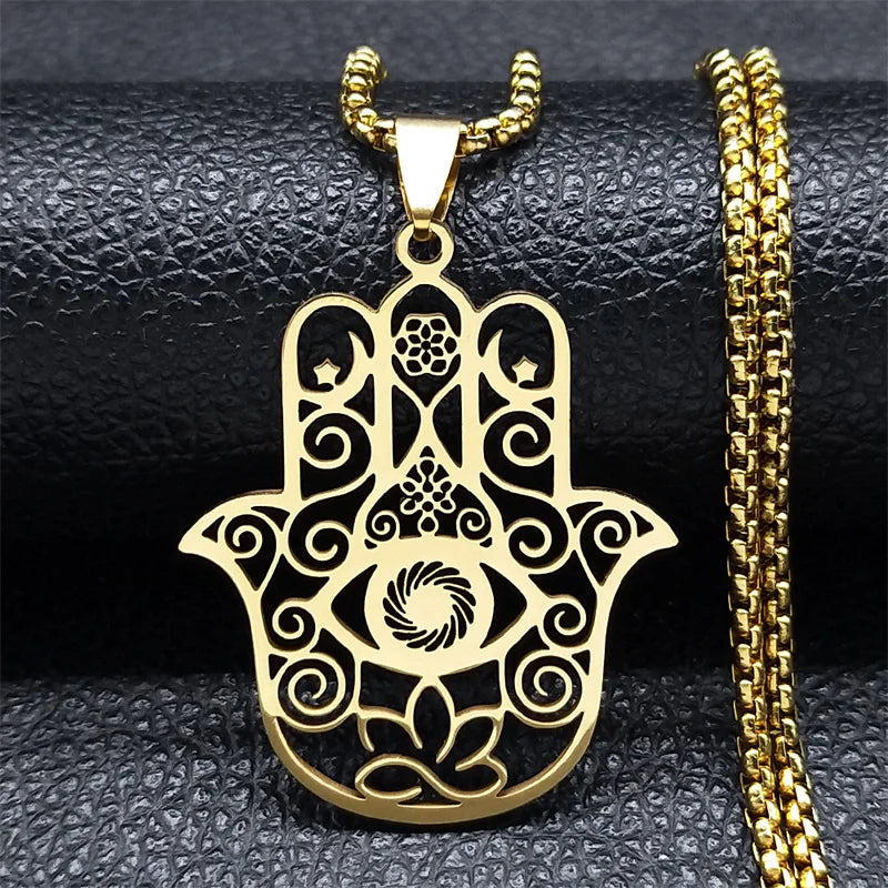 Hollow Fatima Hamsa Hand Pendants Necklace Stainless Steel Gold Color Luck Hand Palm Blue Turkey Eye Necklacse Jewelry Collares