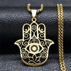 Hollow Fatima Hamsa Hand Pendants Necklace Stainless Steel Gold Color Luck Hand Palm Blue Turkey Eye Necklacse Jewelry Collares