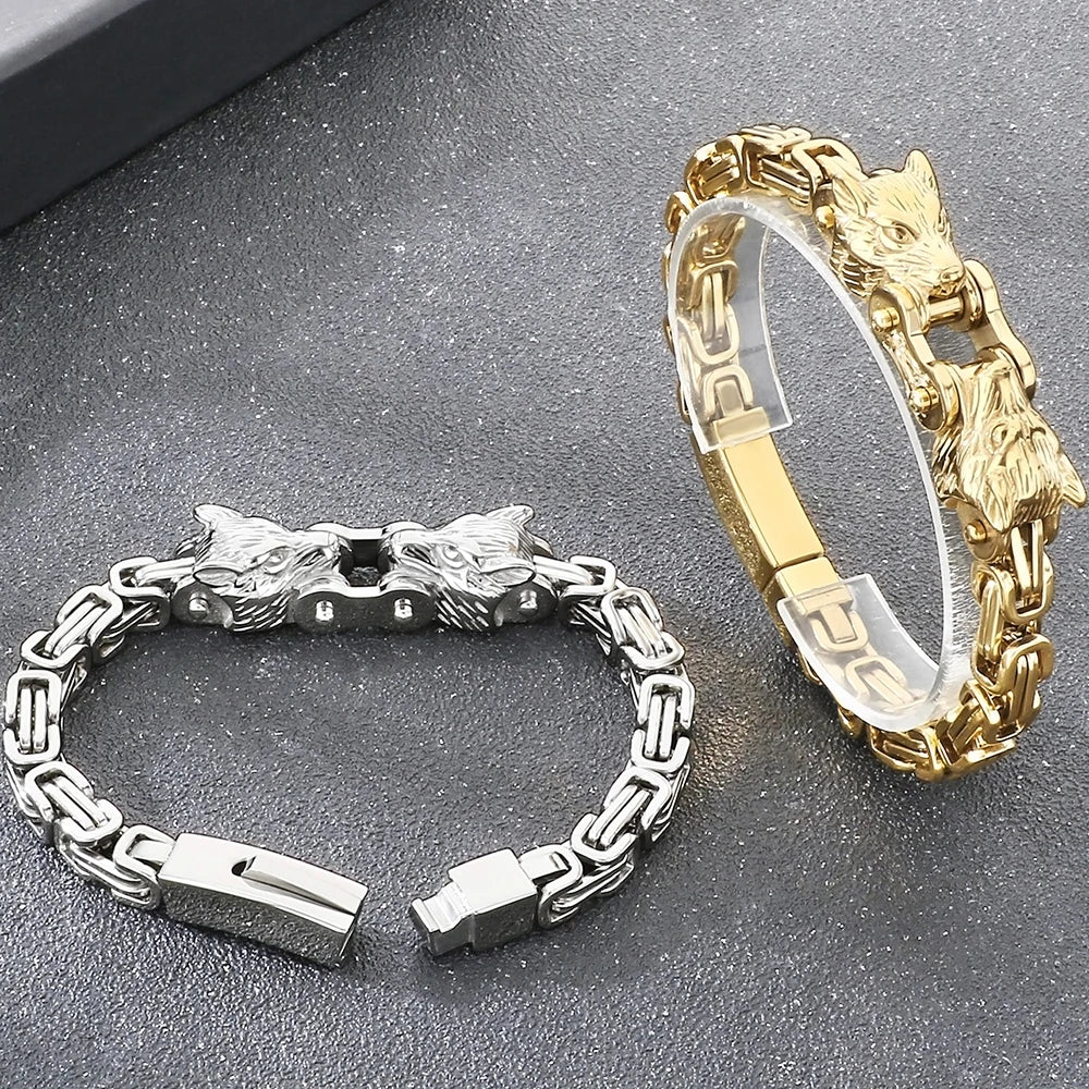 Double Wolf Head Link Chain Bracelet for Man 316L Stainless Steel Biker Charm Bracelets Vintage Punk Motorcycle Viking