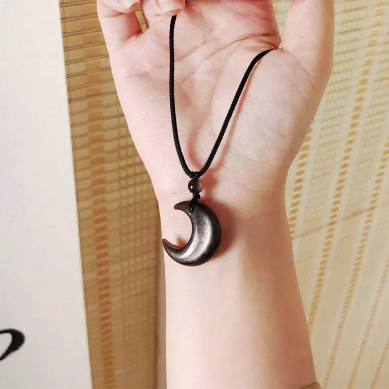 Lucky Crescent Moon Crystal Necklace Natural Stone Pendant Black Obsidian Opal Rope Wrap Necklace Adjustable
