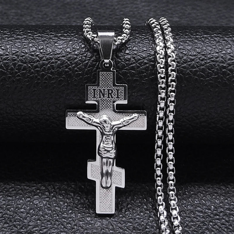 Catholic Orthodox Cross Necklace Stainless Steel Gold Color INRI Crucifix Jesus Necklaces Holy Jewelry cordao masculino