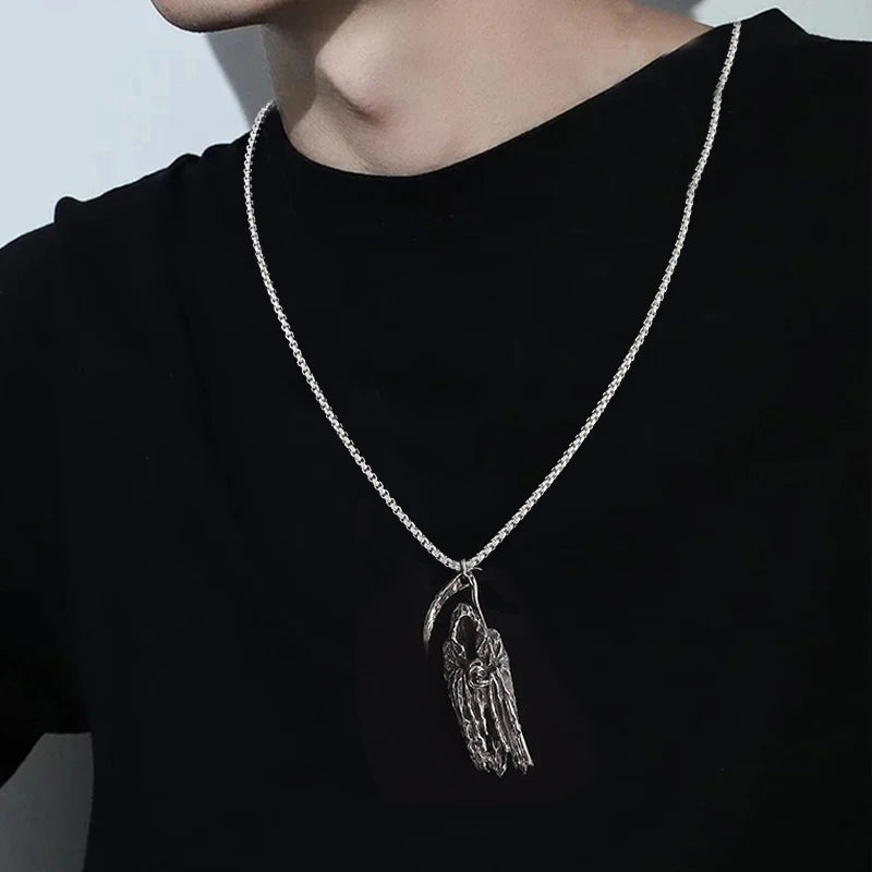 Retro Cloaked Grim Reaper with Sickle Pendant Necklace For Men Hip Hop Punk Silver Color Stainless Steel Neck Chain