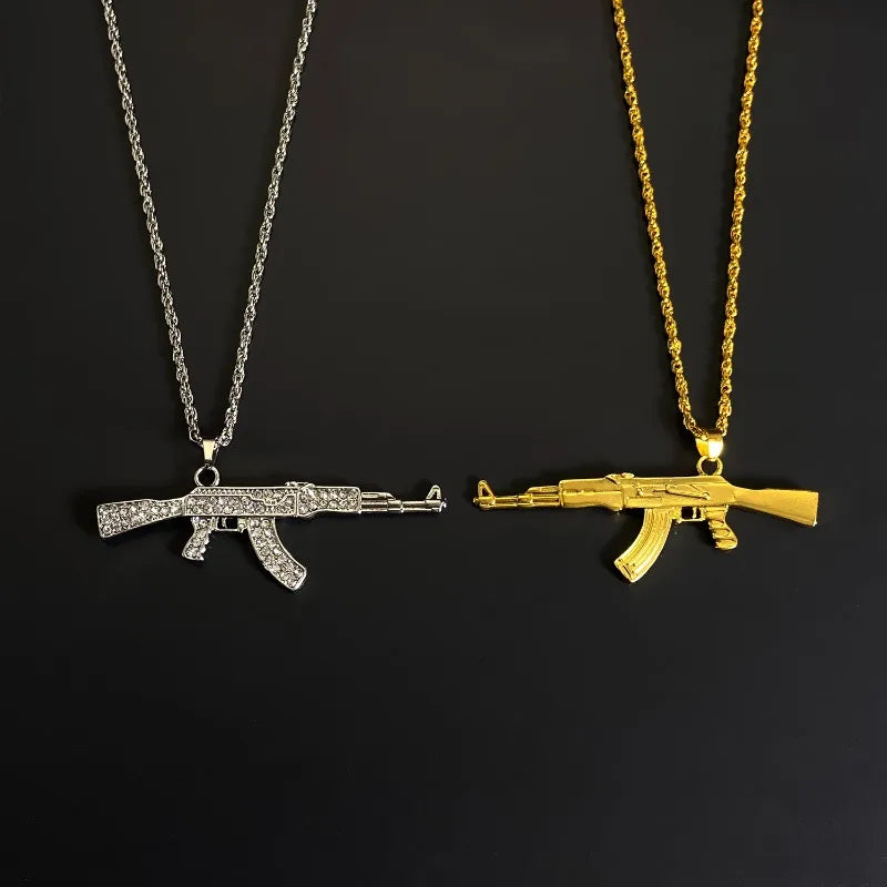 Personalized Diamond Studded AK47 Submachine Gun Pendant Necklace for Men, Fashionable Hip-hop Rock Party Necklace for Women