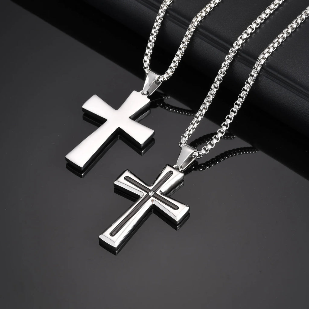 Vnox Cubic Zirconia Stone Centered Cross Necklaces for Men, Black Silver Color Stainless Steel Pendant,Religious Accessory Gift