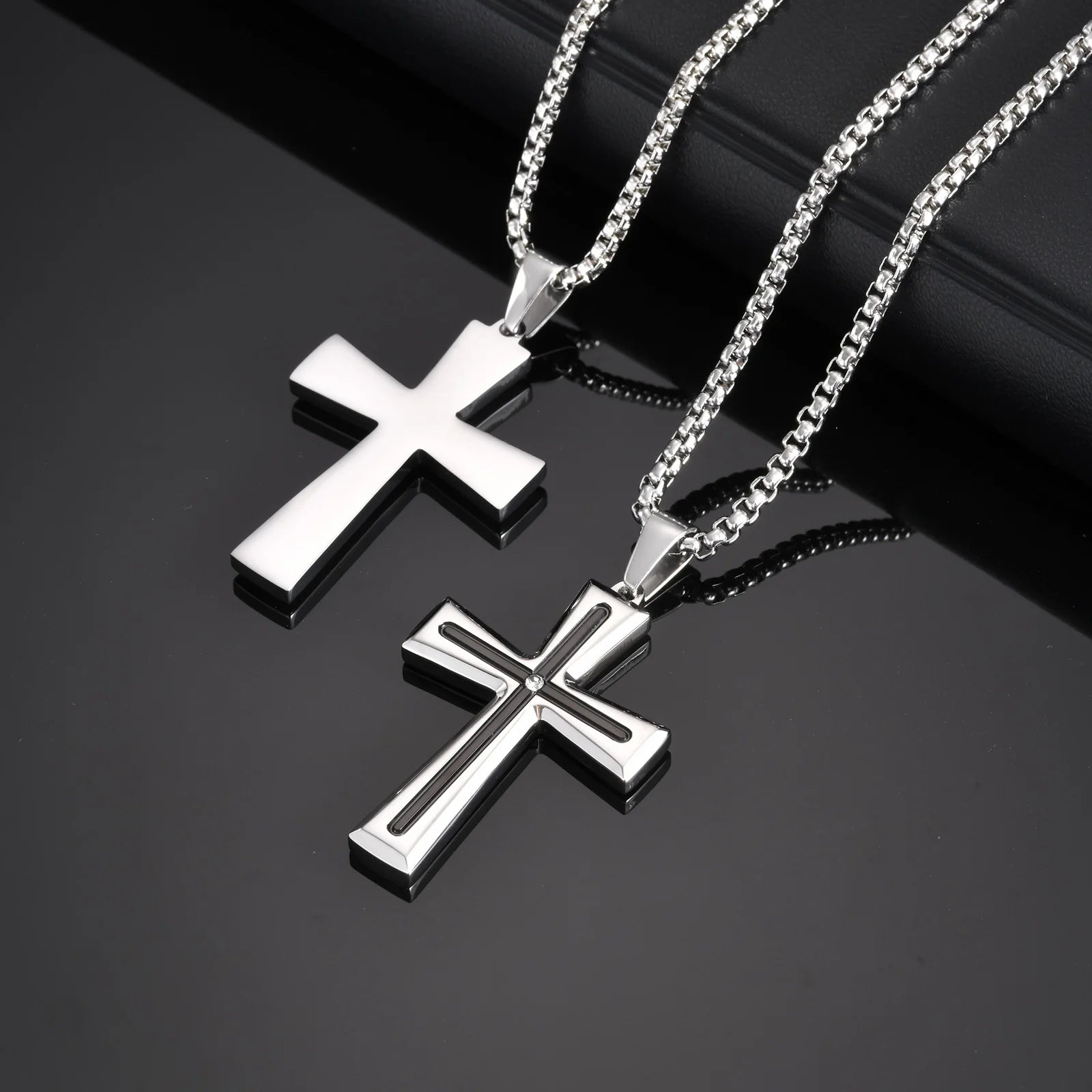 Vnox Cubic Zirconia Stone Centered Cross Necklaces for Men, Black Silver Color Stainless Steel Pendant,Religious Accessory Gift