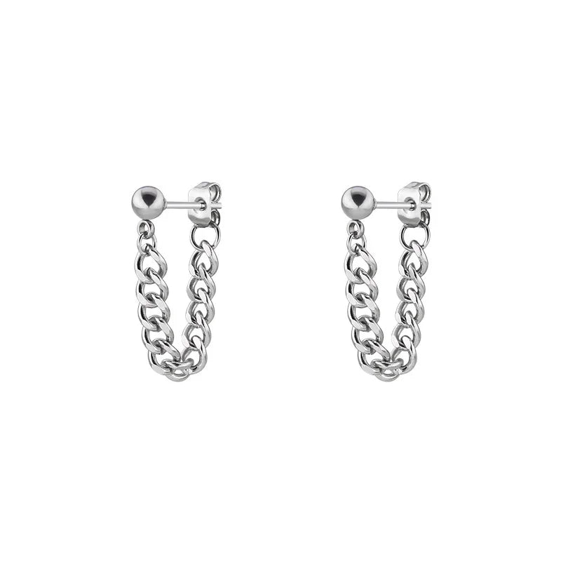 Black Steel Chain Stud Earrings Minimal