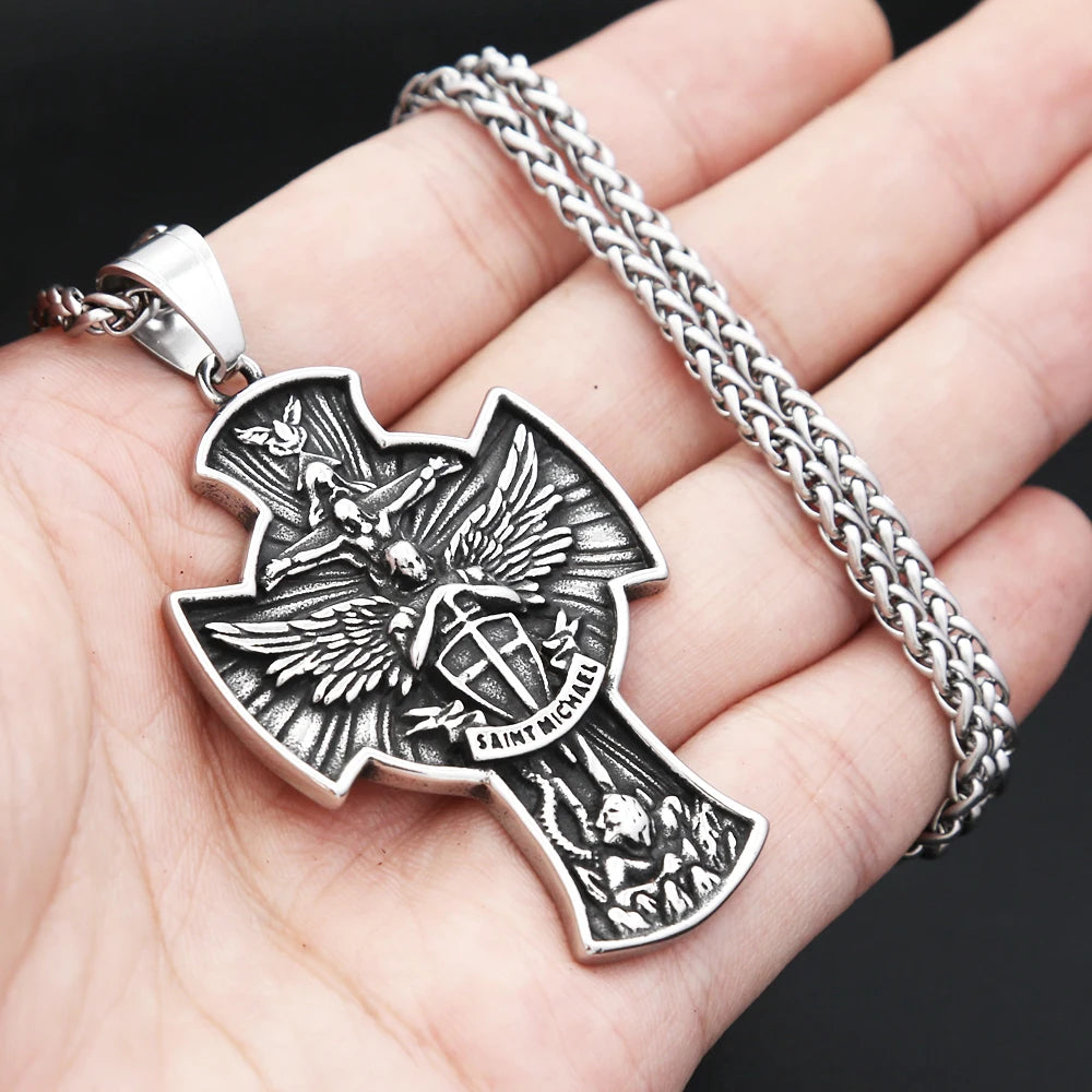 Vintage Stainless Steel Saint Michael Cross Pendant Necklaces For Men Women Fashion Religious Amulet Jewelry Gifts