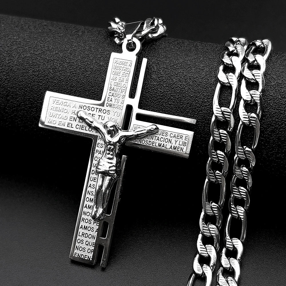 Jesus Cross Crucifix Pendant Necklace for Men Stainless Steel Gold Color Christian Spanish Lord's Prayer Figaro Chain