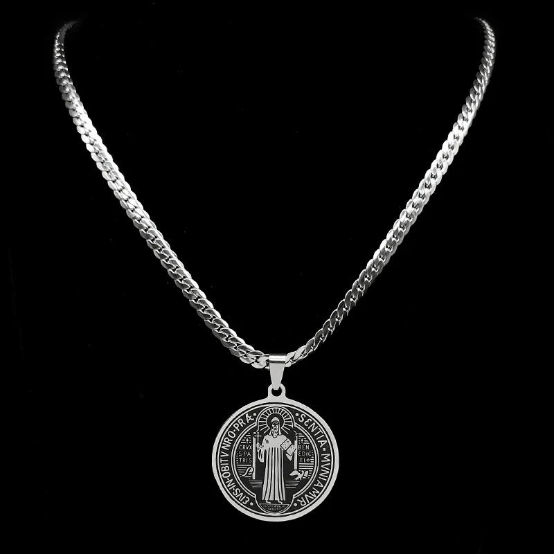 San Benito Exorcist Pendant Necklace for Women Men Stainless Steel Christian Saint Benedict Religious Amulet Chain