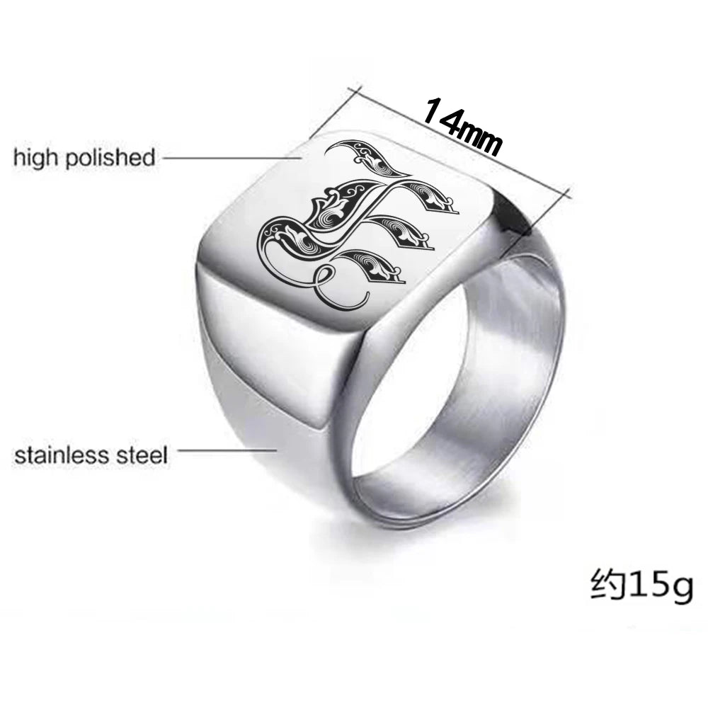 Personalised Initial Engrave A to Z Alphabet Stainless Steel Signet Blank Plain Ring Band High Polished Gold Color Tone
