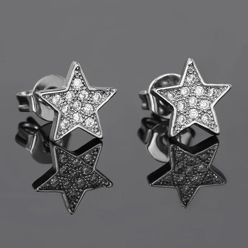 Iced Out Star Stud Earrings Stainless Steel CZ