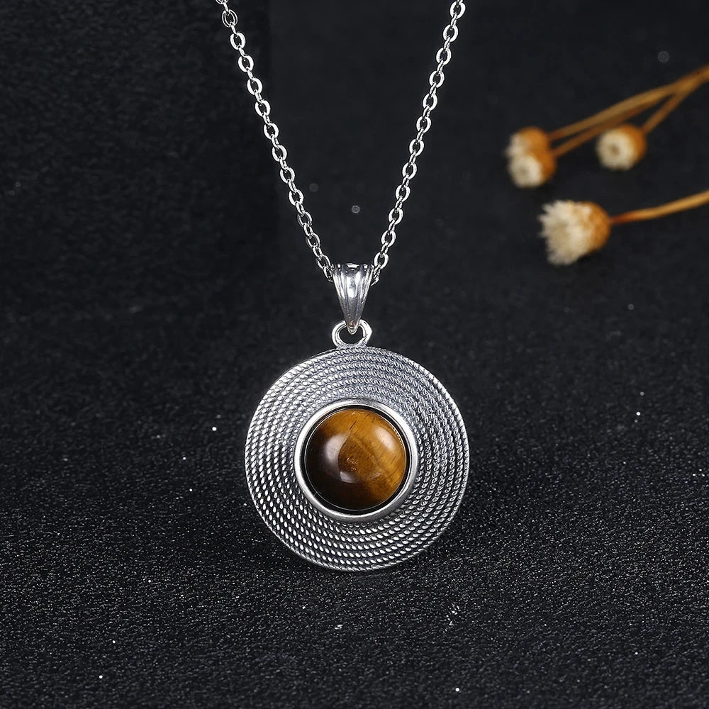10MM Stone Round Pendant Necklace Silver High Quality Natural Tiger Eye Rhodochrosite Wedding Gift Luxury Jewelry