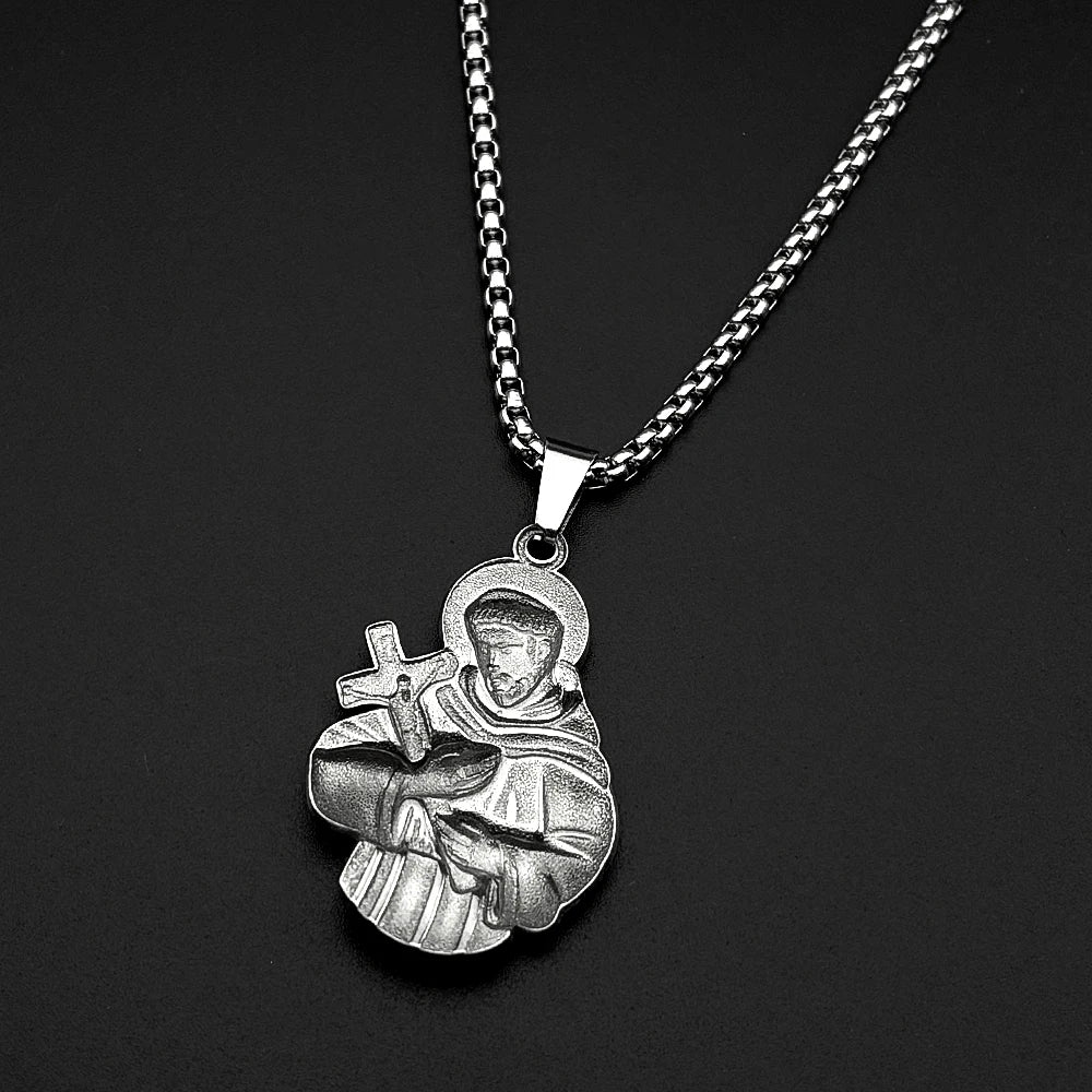 SAINT FRANCIS Hold Cross Pendant Necklace for Women Men Stainless Steel Gold Silver Color Christian Amulet Faith