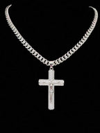 1pc Cubic Zirconia Cross & Jesus Pendant With 1pc 7mm Stainless Steel Curb Chain, Men's Fashion Hip-Hop Vintage Pendant Necklace