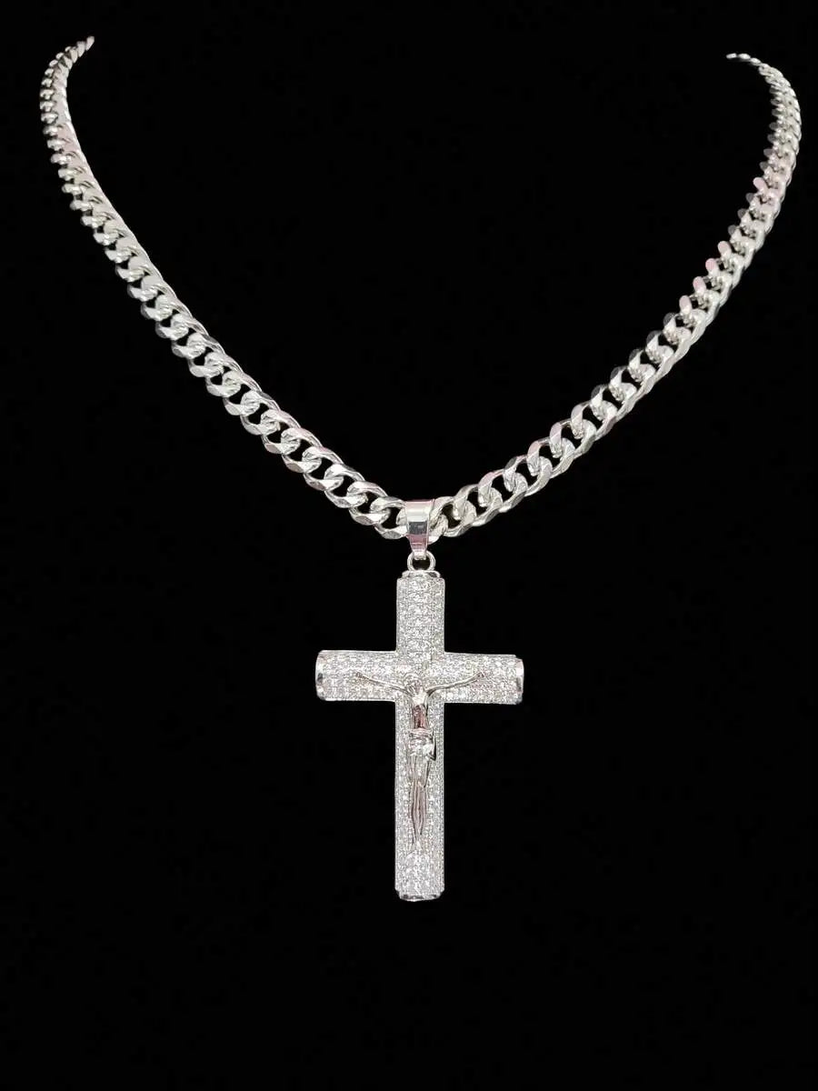 1pc Cubic Zirconia Cross & Jesus Pendant With 1pc 7mm Stainless Steel Curb Chain, Men's Fashion Hip-Hop Vintage Pendant Necklace