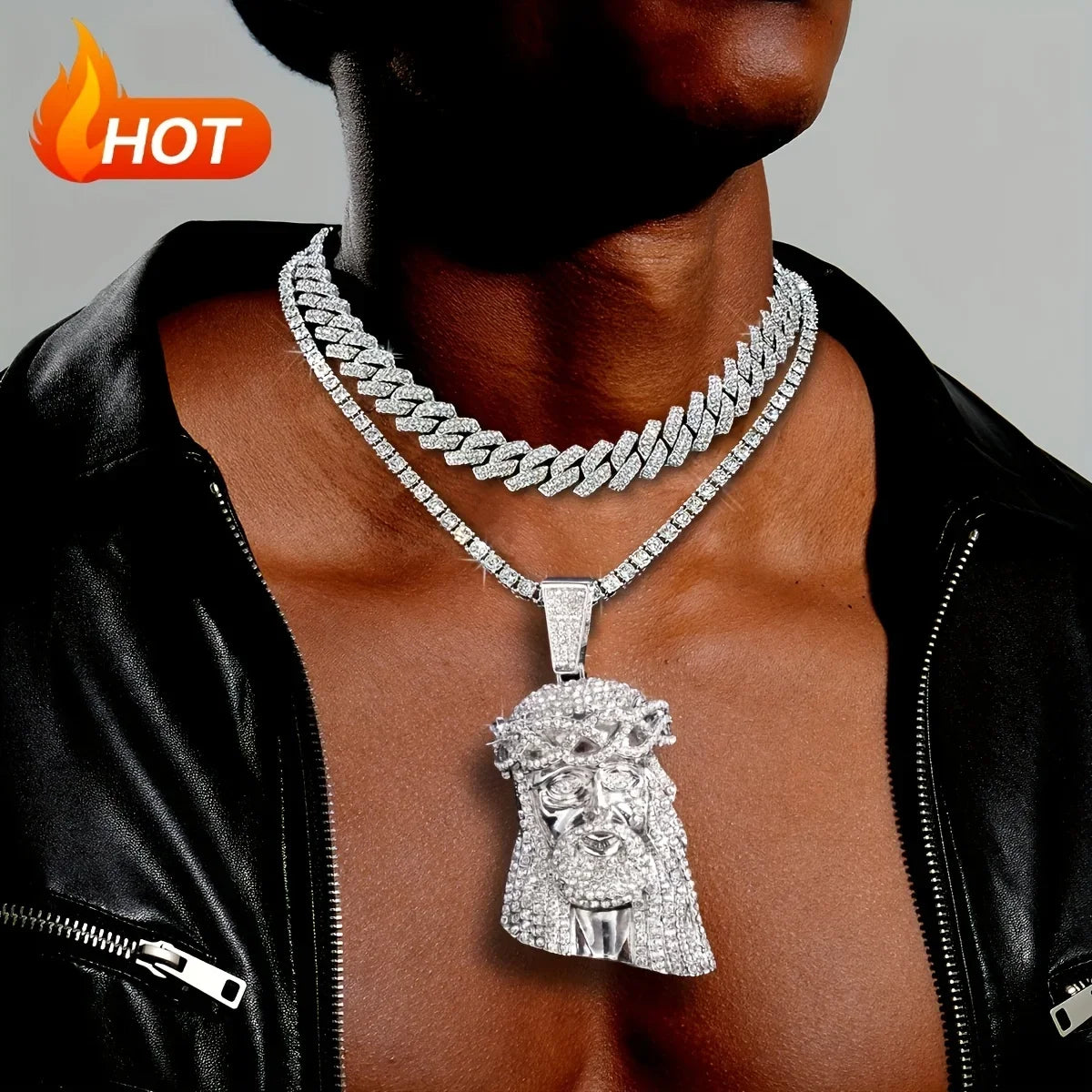 Stylish 3D Jesus Pendant Necklace - Hip Hop Inspired with Layered Cuban & Tennis Chains, Rhinestone Accents,Fashion
