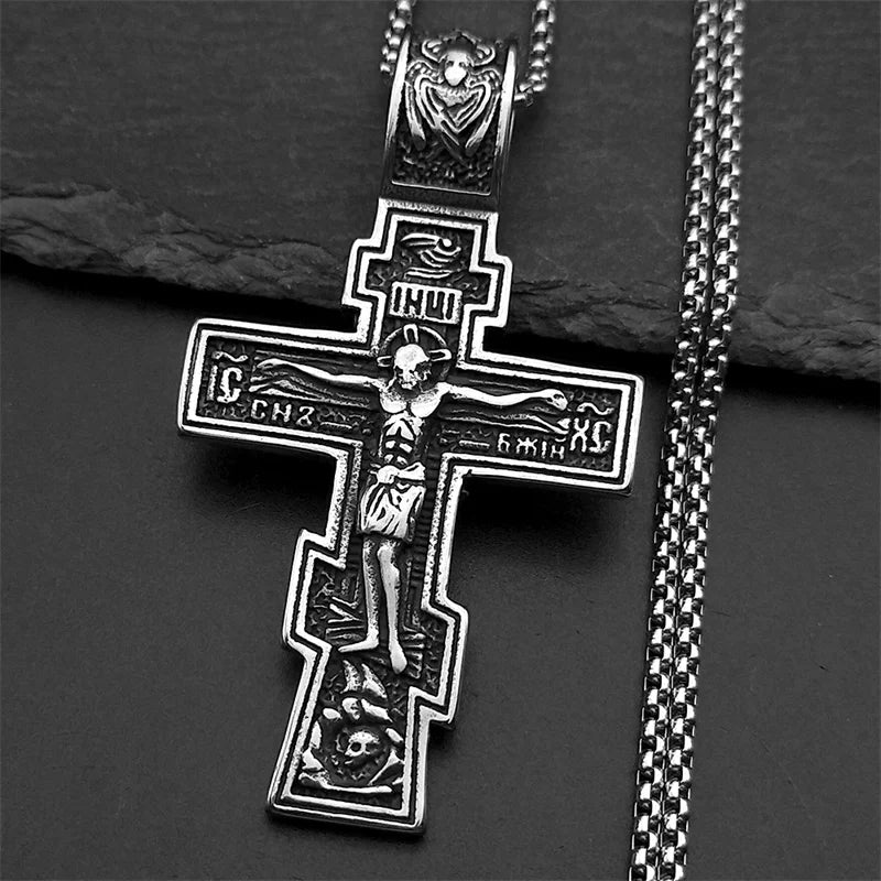 Eastern Orthodox Cross Jesus Pendant Necklace For Women Men Stainless Steel Silver Color Dark Punk Male Chain Jewelry