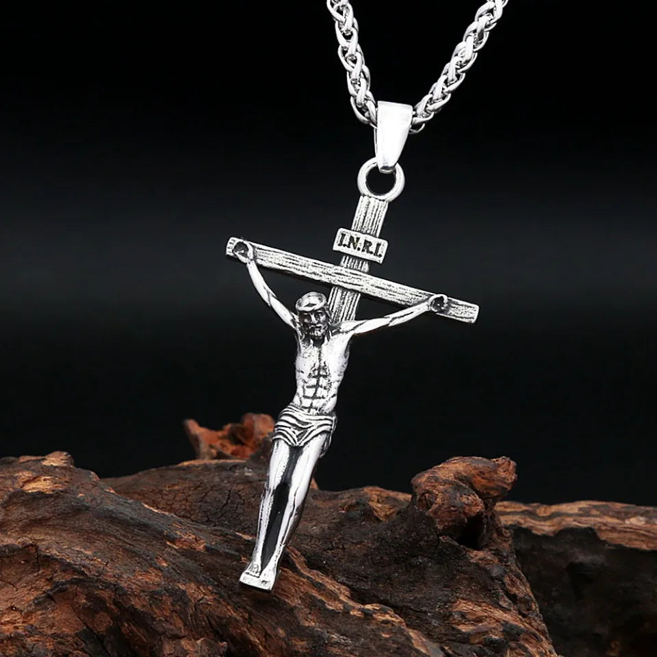Punk Jesus Christ Cross Pendant Necklace For Men 316L Stainless Steel Fashion Religious Prayer Amulet Jewelry Gifts