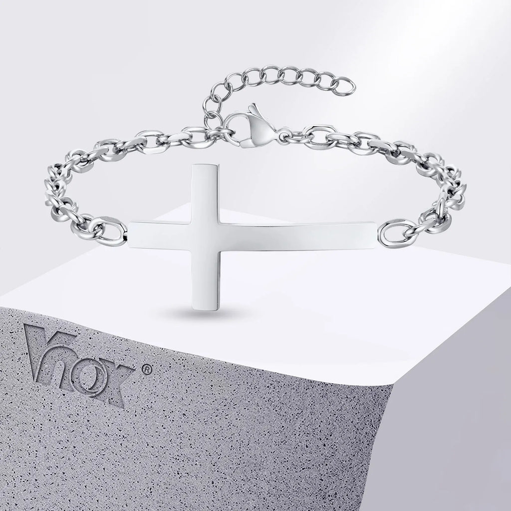 Vnox Stainless Steel Mens Cross Bracelets, Adjustable Rolo Link Chain Wristband, Christ Faith Jewelry Gift