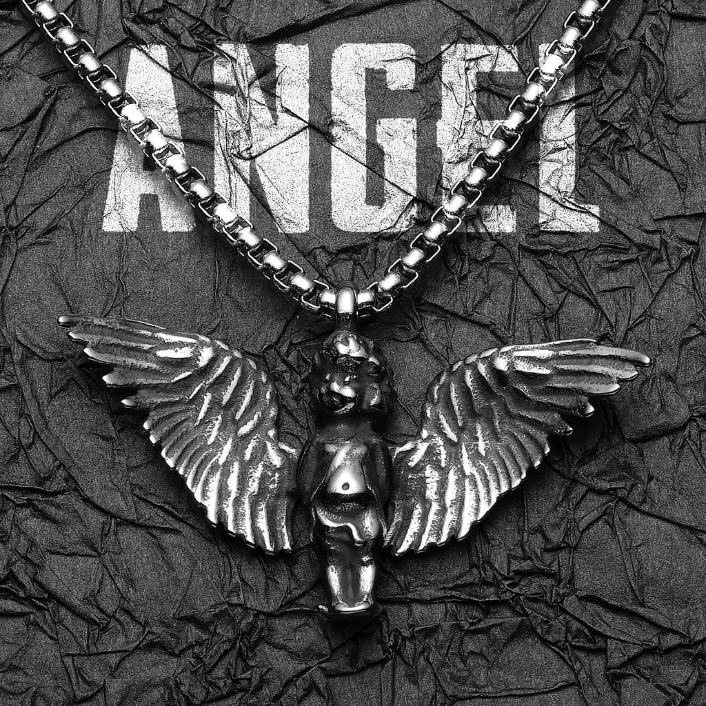Angel Wings Cherub Pendant Necklace Stainless Steel