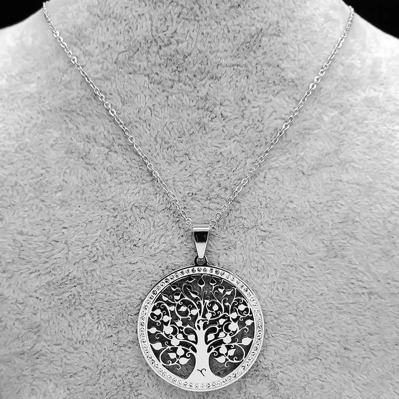 Iced Out Tree of Life Silver Necklace — Stainless Steel