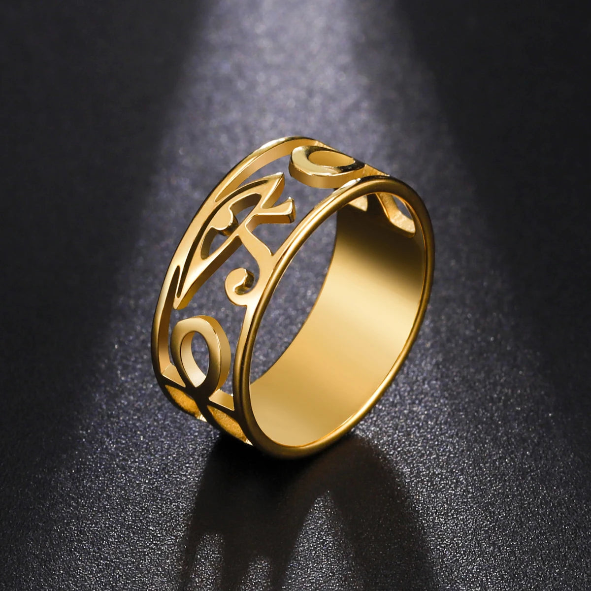 LIKGREAT Ancient Egypt Eye Of Horus Ring Stainless Steel Hollow Ra Udjat Finger Rings Accessories Ankh Cross For Women