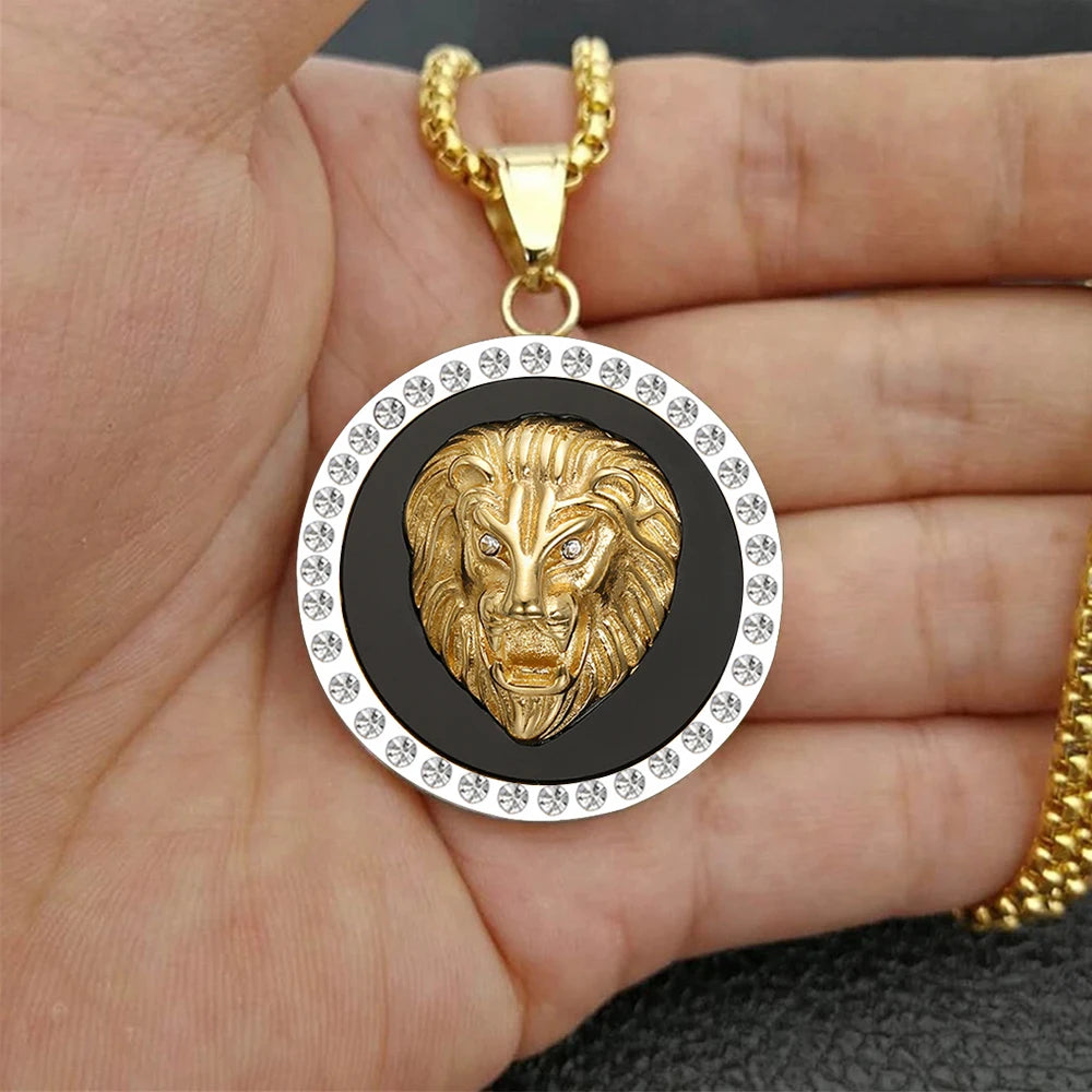 Iced Out Lion Head Round Pendant — Gold
