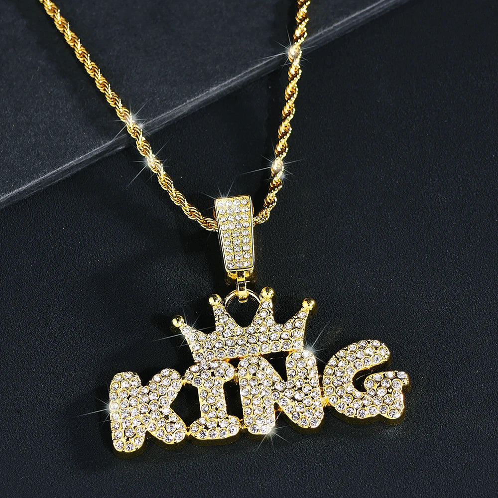 Fashion Hip Hop Crown with KING Pendant Necklace For Men Crystal Cuban Chain Iced Out Bling Hiphop Necklaces Rock Biker