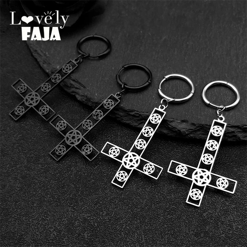 Cross Jesus Steel Earrings Inverted Occult Pentagram