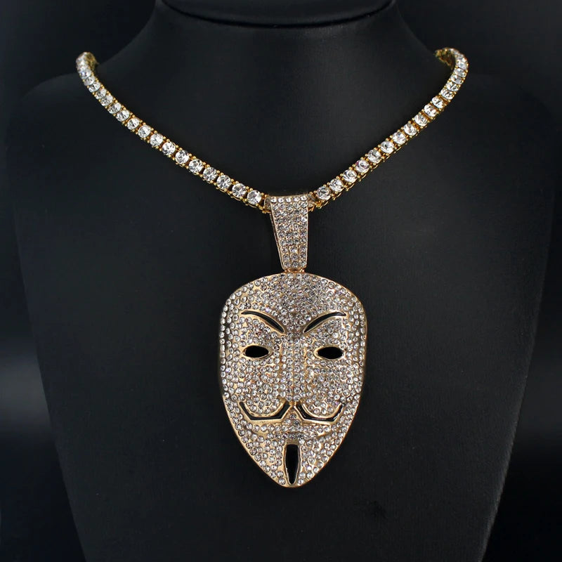 Men Women Hip Hop Large Rhinestone Mask Pendant Necklace With Twist Rope 4mm Tennis Chain HipHop Necklaces Fashion Jewelry Gift