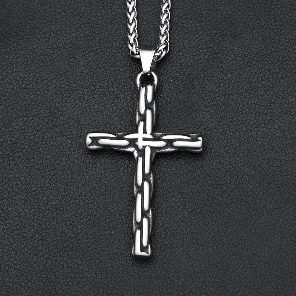 Unique Vintage Creative Cross Pendant Necklaces For Men Stainless Steel Gothic Hip Hop Chained Cross Necklace Biker