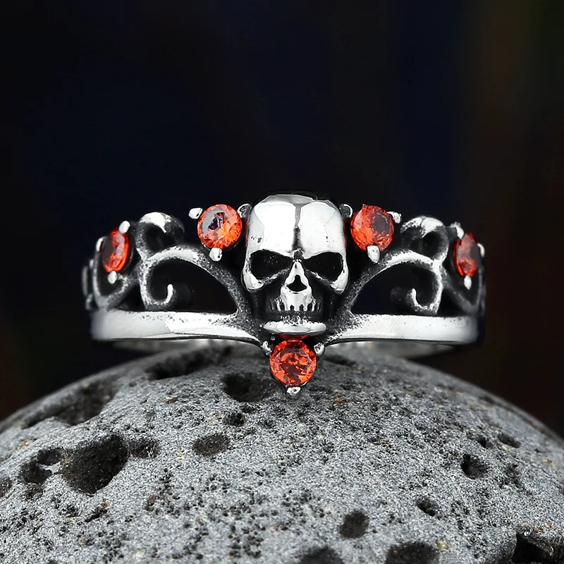 316L Stainless Steel Gothic Accessories Lost Skull Ring With Red Stone For Man Women Punk Jewelry Couple Or Women Gift