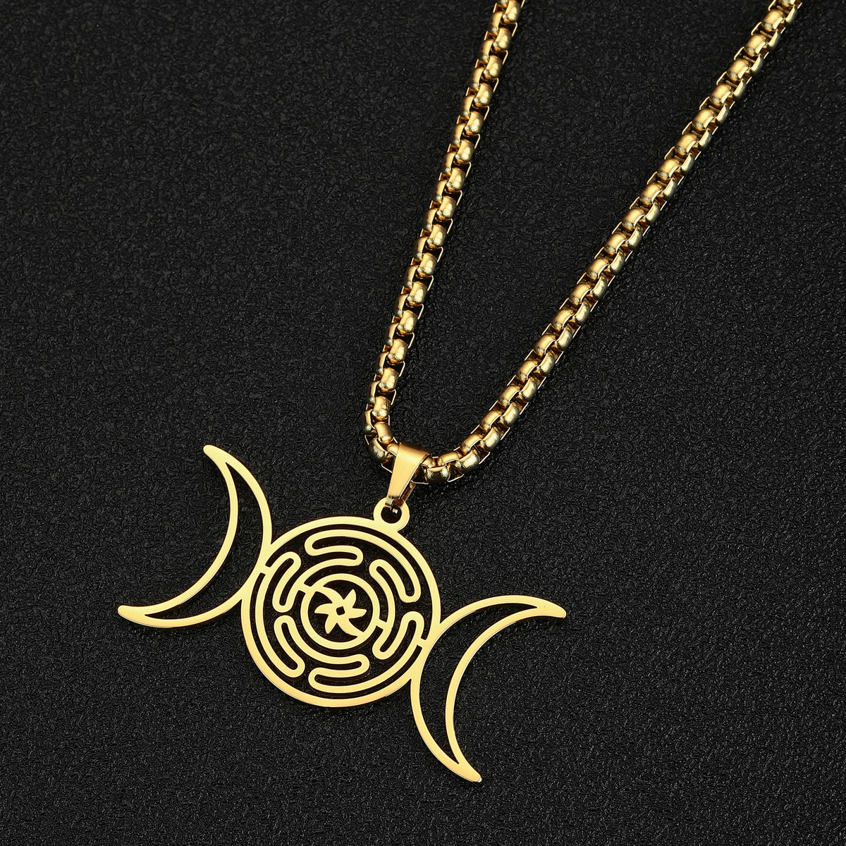Hekate Wheel Triple Moon Pendant Necklace — Stainless Steel