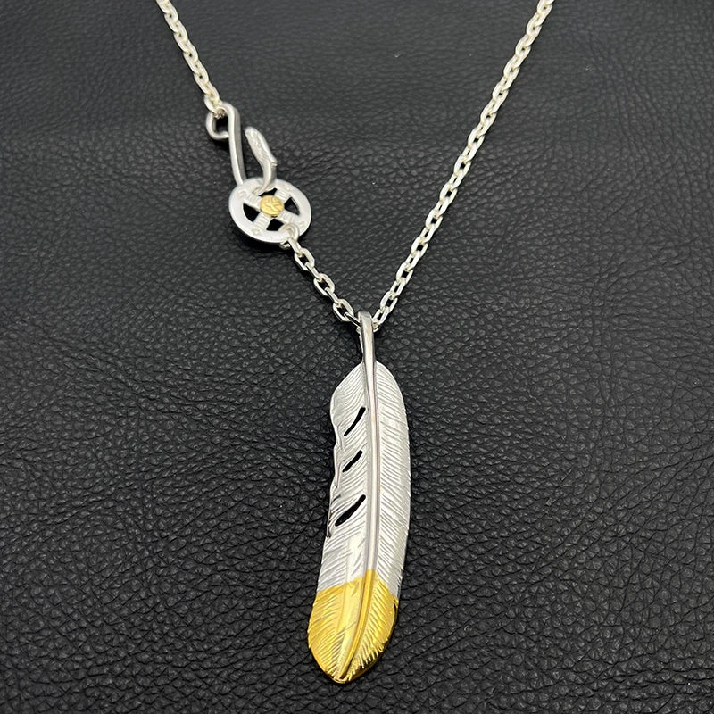 Handmade Two Tone Feather Pendant Necklace Silver Plated Alloy Men Women Vintage Biker Native American Goros Jewelry Gift