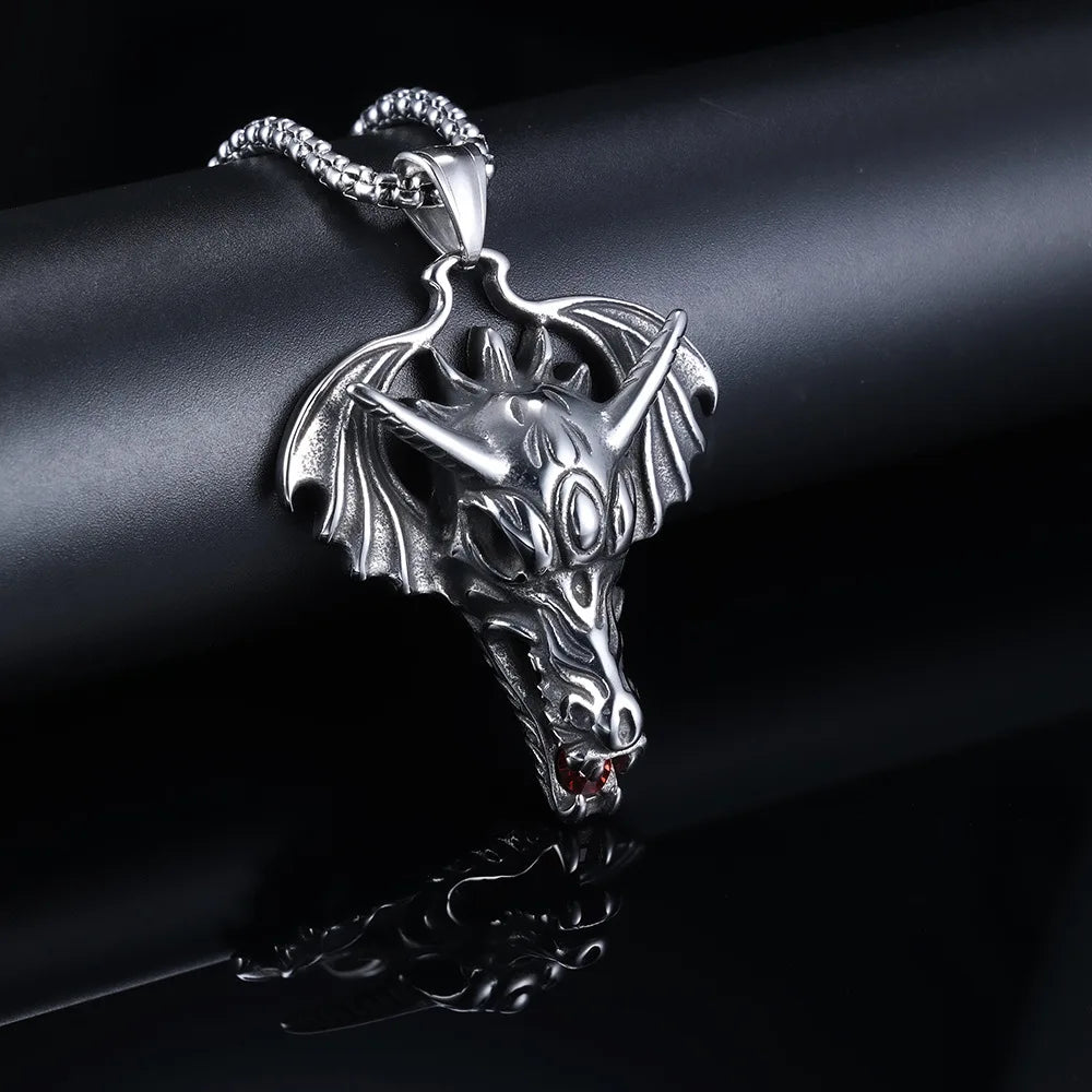 New Personality Trend Necklace Red Drill Wing Dragon Head Style Pendant Stainless Steel Titanium Steel Men's Holiday