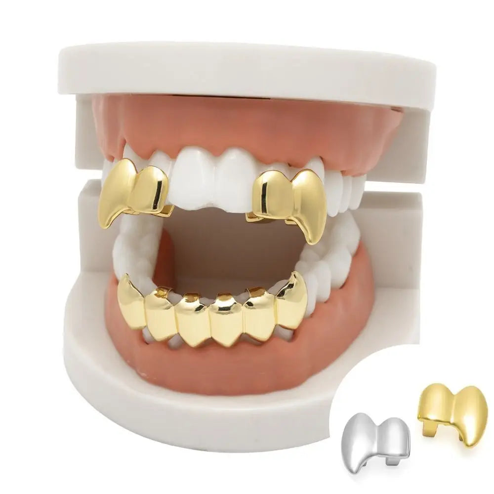 2Pcs/Set Double Glossy Hip-Hop Tooth Grills Halloween Gift Punk Jewelry Tooth Caps Charm Gold Silver Color Mouth Teeth
