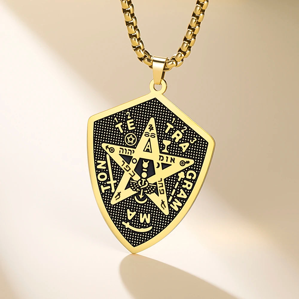 Tetragrammaton Shield Men Necklace Pentagram Protection Amulet Magical Healing Symbol Stainless Steel Wiccan Jewelry