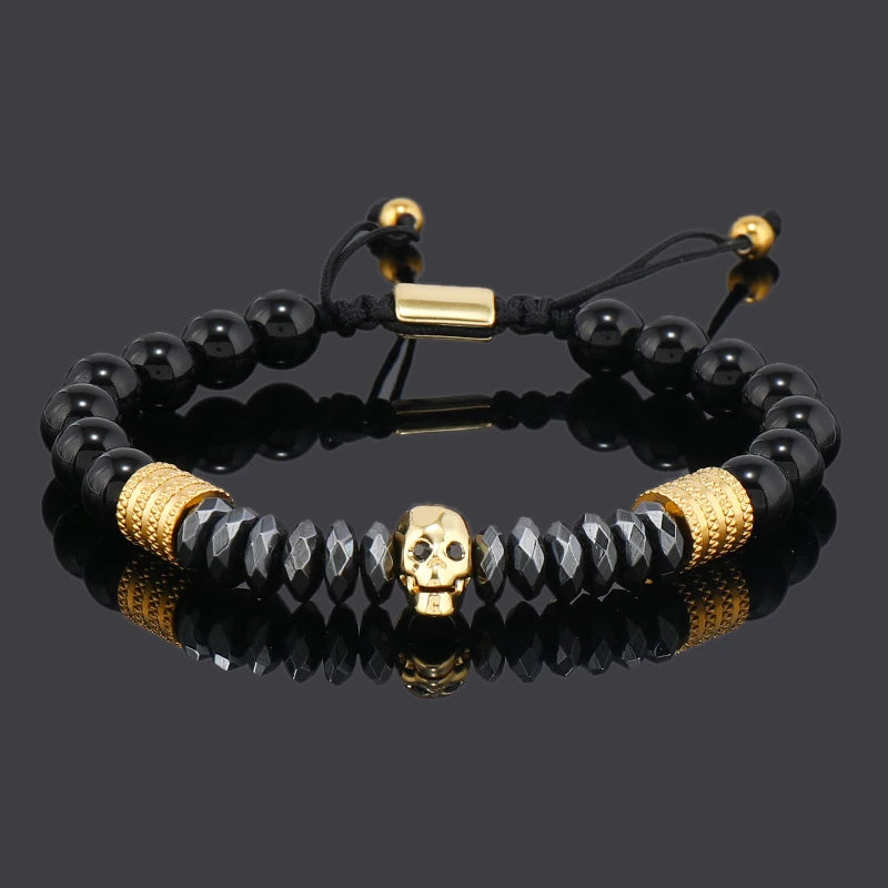 Luxury Black Natural Stone Beads Skull Crown Leopard Head Charms Man Bracelet For Women Hand Jewelry Gift