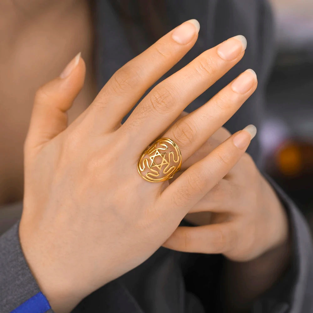 Wheel of Hecate Symbol Adjustable Ring — Stainless Steel