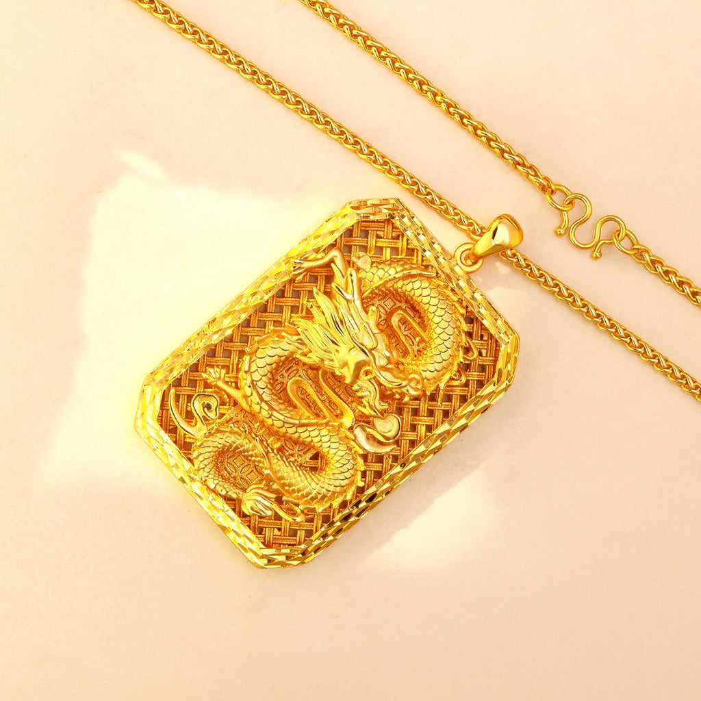 24K Gold Dragon Pattern Pendant Necklace
