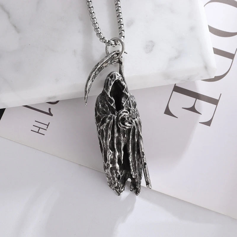 Retro Cloaked Grim Reaper with Sickle Pendant Necklace For Men Hip Hop Punk Silver Color Stainless Steel Neck Chain