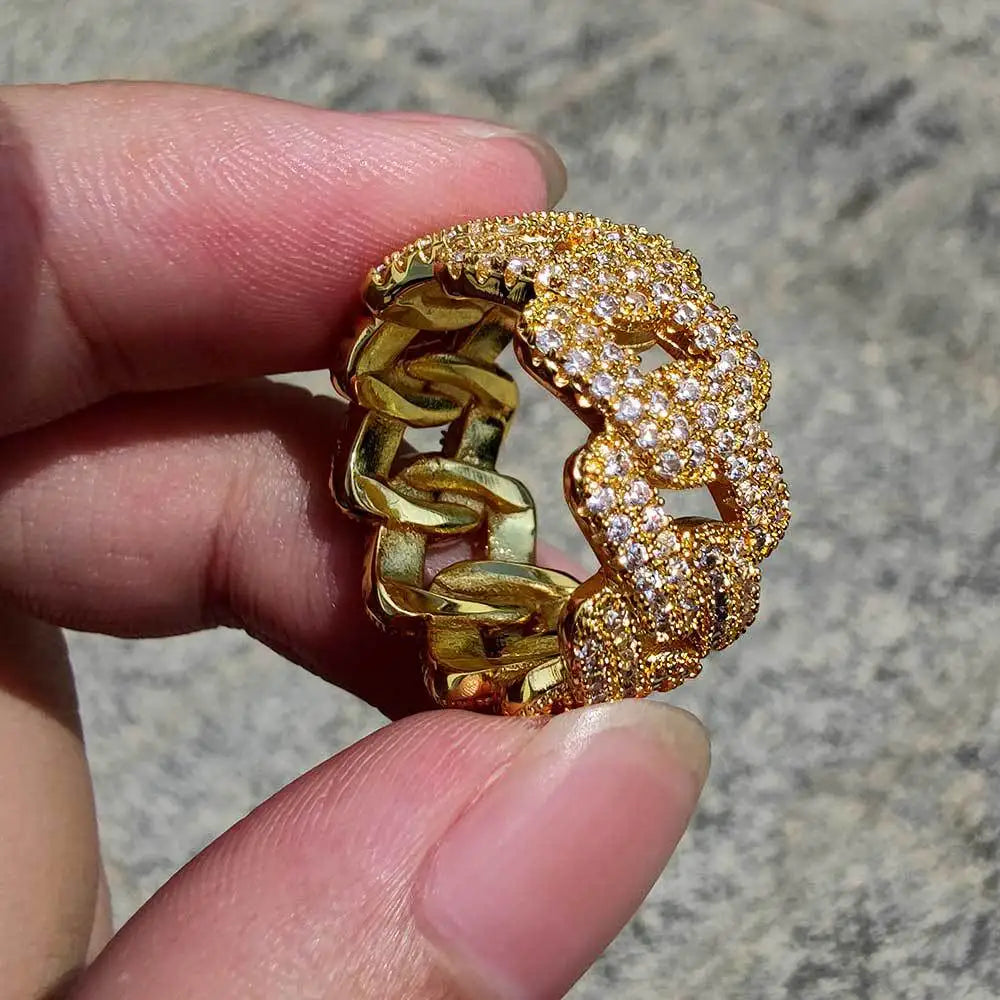 Iced Out Full CZ Cuban Link Ring 11mm — Gold-Tone