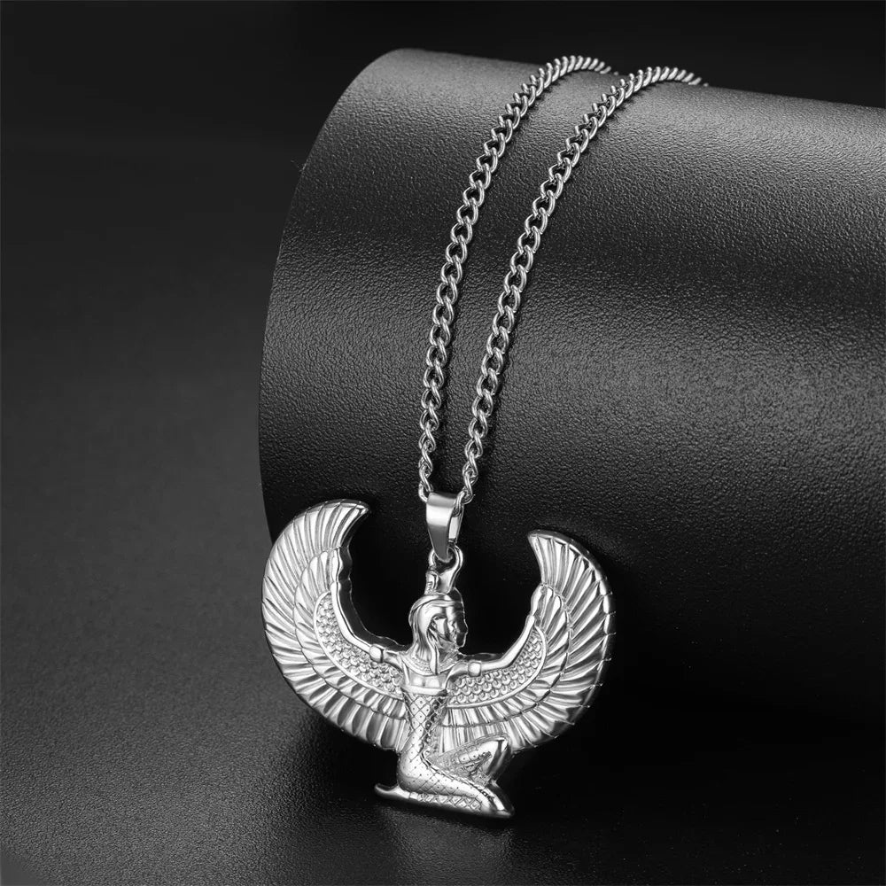 Egyptian Ankh Eagle Wings Feather Necklace — Stainless Steel