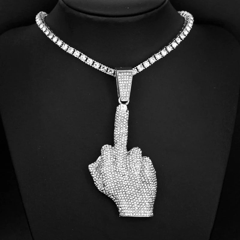 Hip Hop Big Polite Gesture Middle Finger Pendant Necklace with 11mm Crystal Cuban Chain HipHop Iced Out Necklaces Men