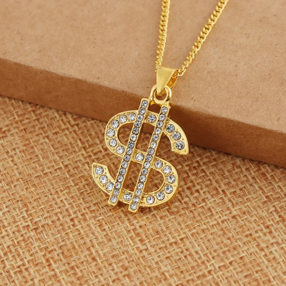 Dollar Sign Coin Pendant Necklace — Gold-Tone