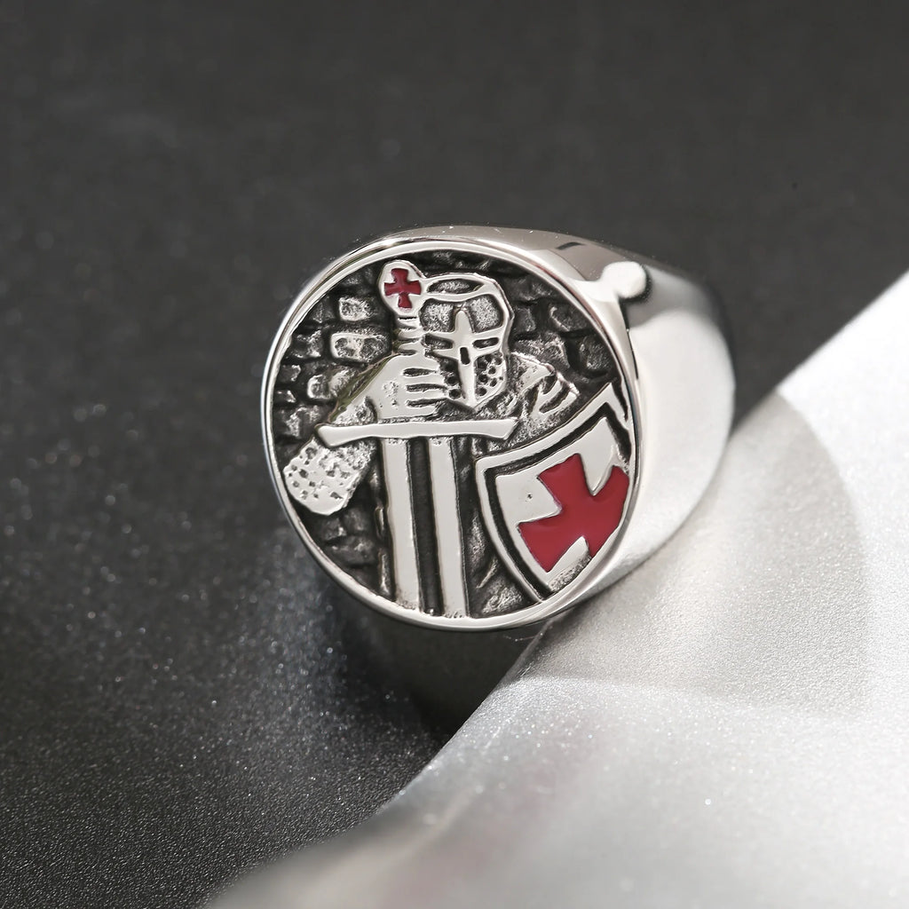 Templar Red Cross Signet Ring — Stainless Steel